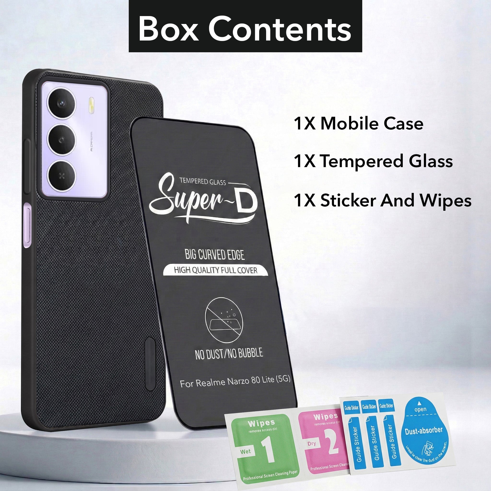 For Realme Narzo 80 Lite 5G Combo with Back Cover and 9H Tempered Glass (Textured Grip Design | Micro-Fiber Cloth Inside | Oleophobic Coating Screen Glass)