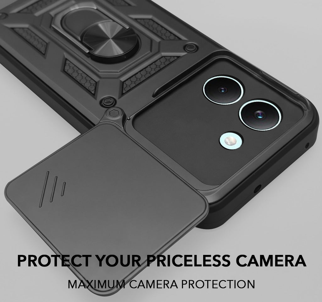 For Poco X8 Pro Back Cover Case Hybrid Armor (Sliding Shutter Camera Protection | Polycarbonate |Ring Holder Kickstand)