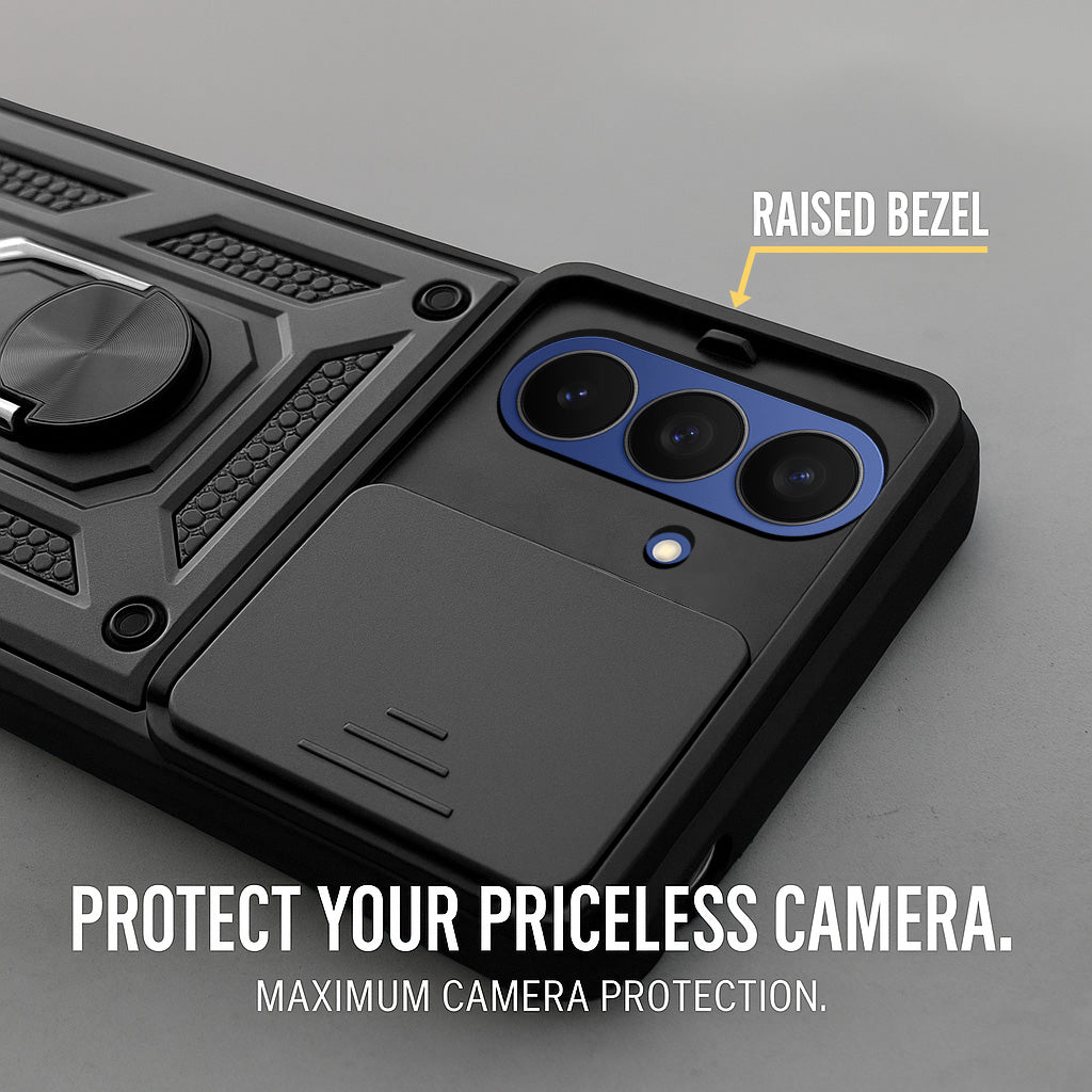 For Samsung Galaxy Z Fold 7 Back Cover Case Hybrid Armor (Sliding Shutter Camera Protection | Polycarbonate |Ring Holder Kickstand)
