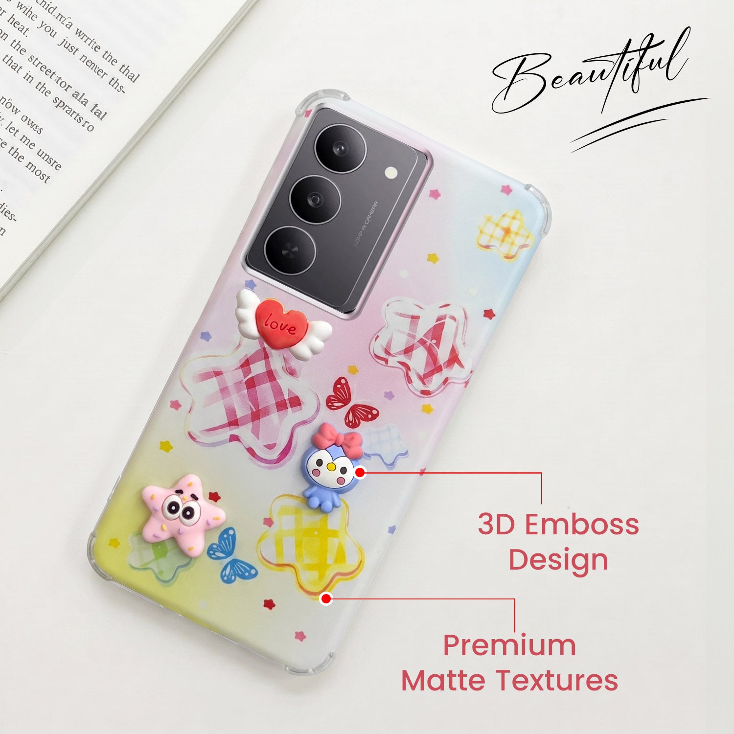 For Realme 14X Back Cover Case (3D Cute Cartoons | Hard Back Side Soft | Matte Premium Finish | HD Printing)