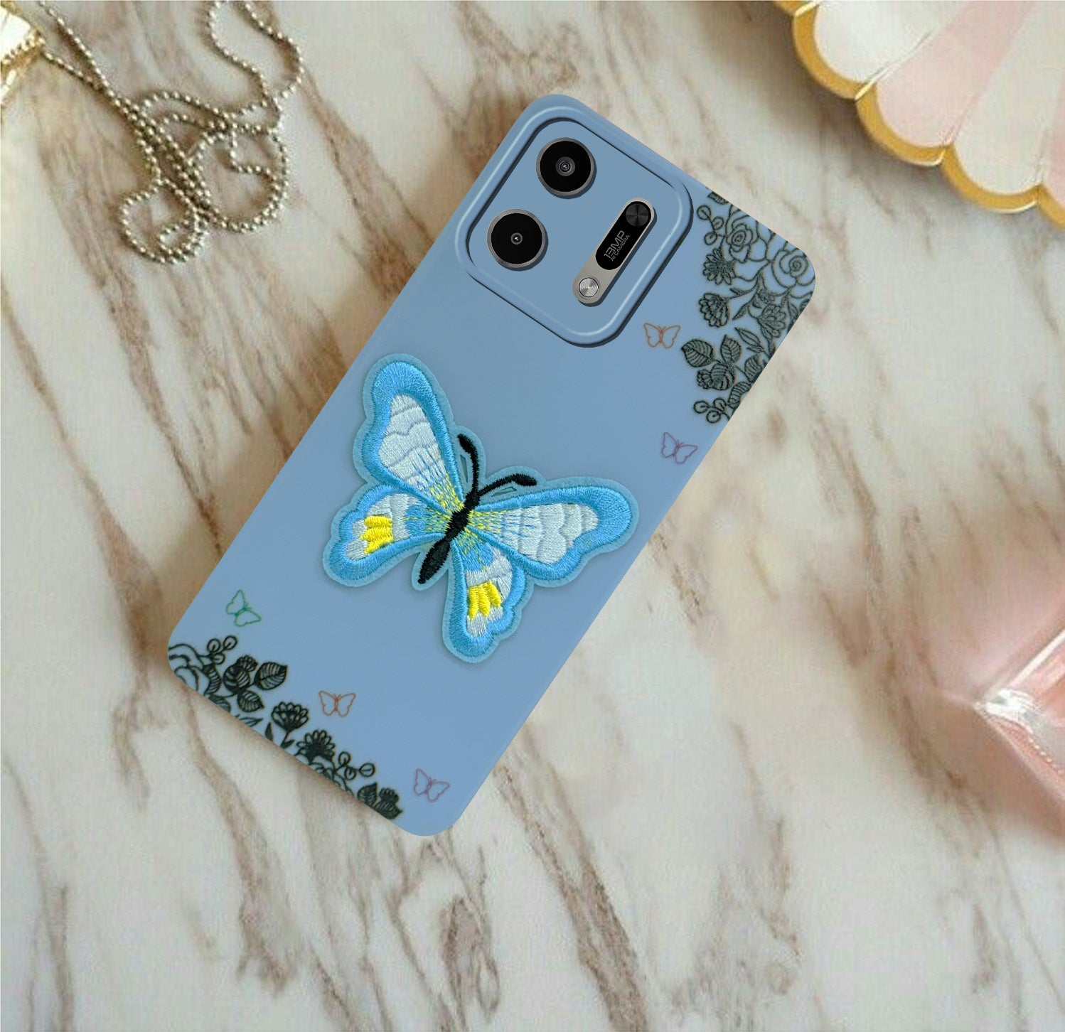 For Lava Virat V1 5G Back Cover Case (Soft Butterfly Embroidery | Women Teen Girls | Camera Protection| Matte Silicone)
