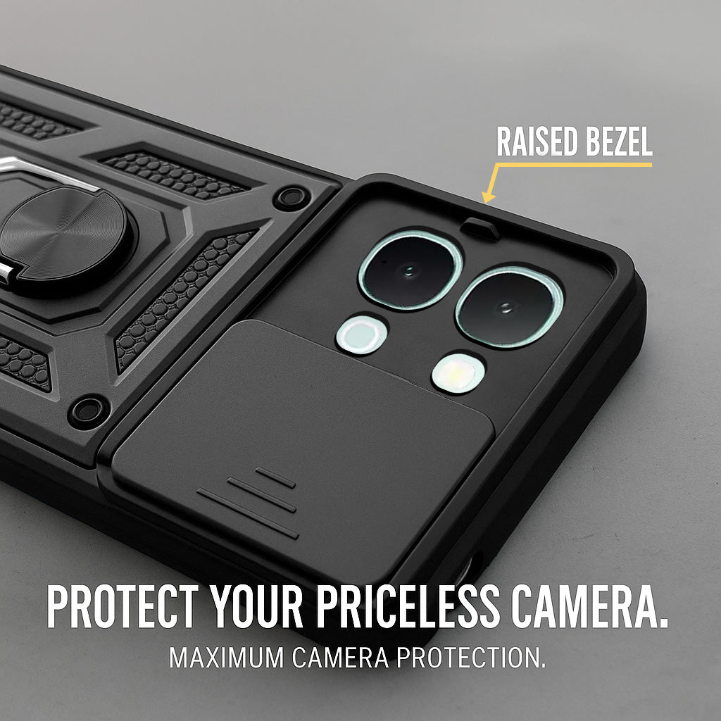 For Vivo iQOO Z11x 5G Back Cover Case Hybrid Armor (Sliding Shutter Camera Protection | Polycarbonate |Ring Holder Kickstand)