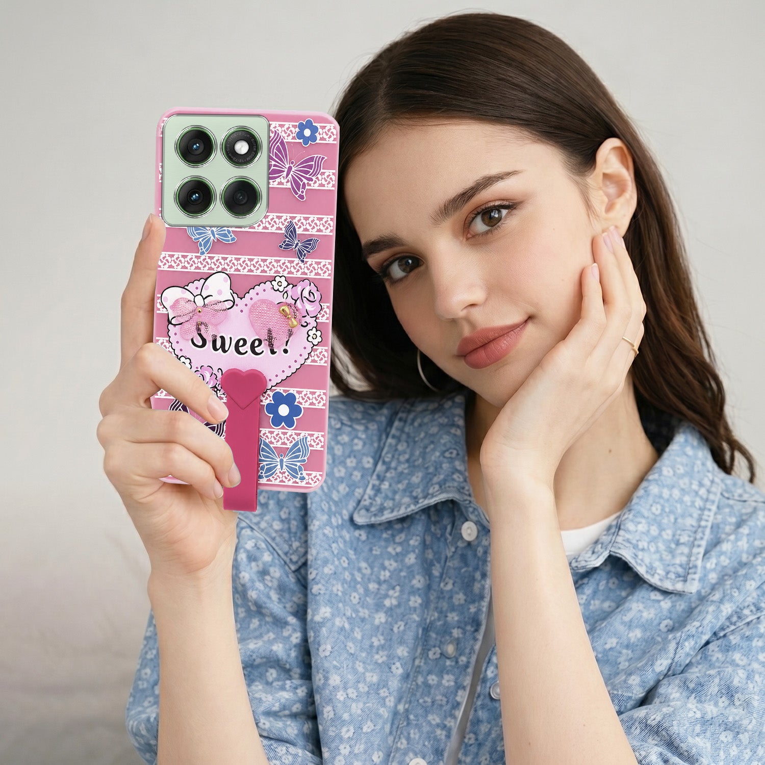 For Motorola Moto Edge 60 Back Cover Case (3D Cute Heart Strap Holder | Camera Protection | Designer Girls Print)