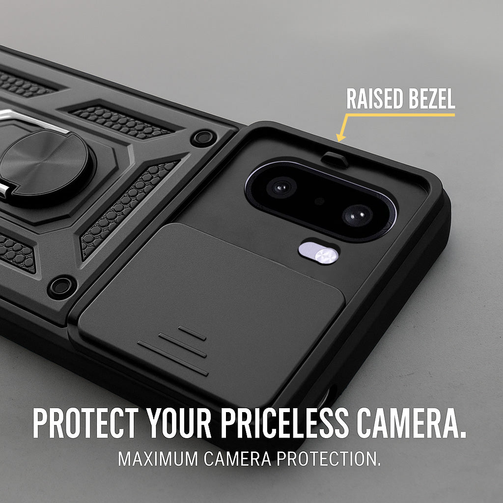 For OnePlus 15R Back Cover Case Hybrid Armor (Sliding Shutter Camera Protection | Polycarbonate |Ring Holder Kickstand)