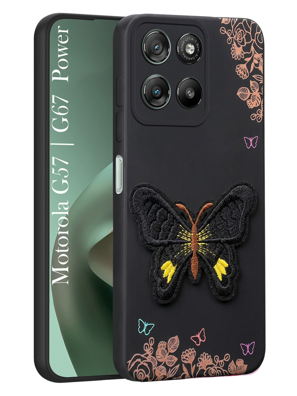 For Motorola Moto G67 Power | G57 Power Back Cover Case (Soft Butterfly Embroidery | Women Teen Girls | Camera Protection| Matte Silicone)