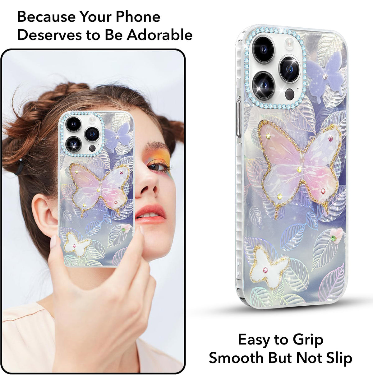 For Apple iPhone 14 Pro Back Cover Case (Luxury Floral Glitter Cute Butterfly | Diamond Studded Camera Bump | Girls & Women Design)