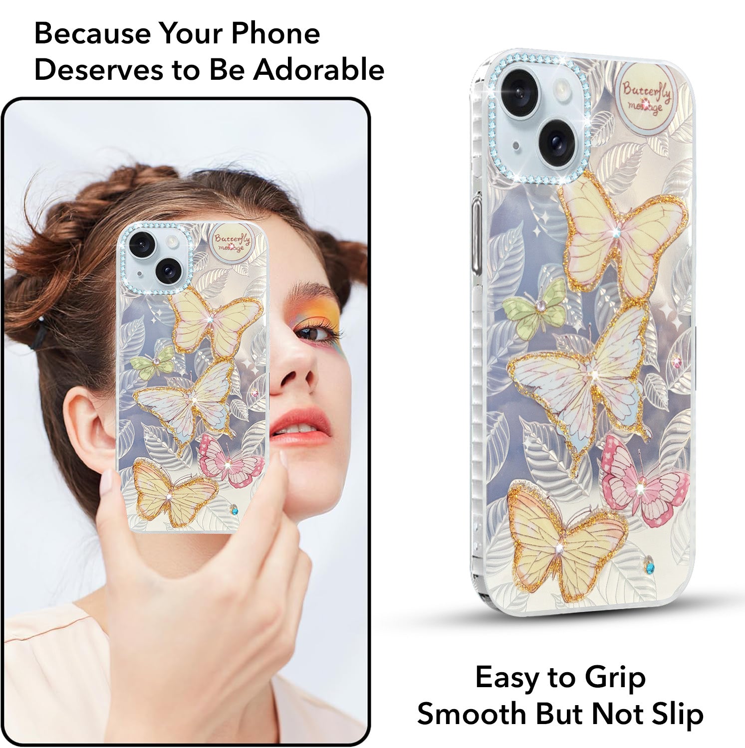 For Apple iPhone 15 Back Cover Case (Luxury Floral Glitter Cute Butterfly | Diamond Studded Camera Bump | Girls & Women Design)