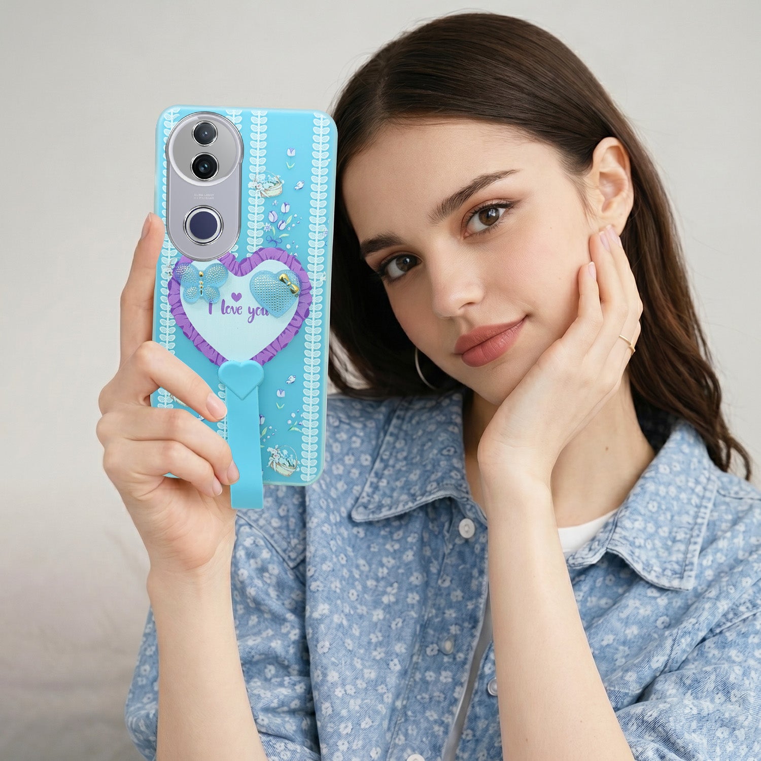 For Vivo T4R  Back Cover Case (3D Cute Heart Strap Holder | Camera Protection | Designer Girls Print)