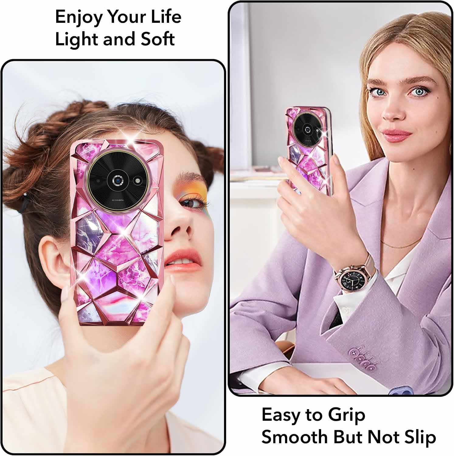 For Xiaomi Poco C61 Back Cover Case ( Dual Design Glitter Sparkle and Detachable Diamond Print Case | Soft and Flexible)