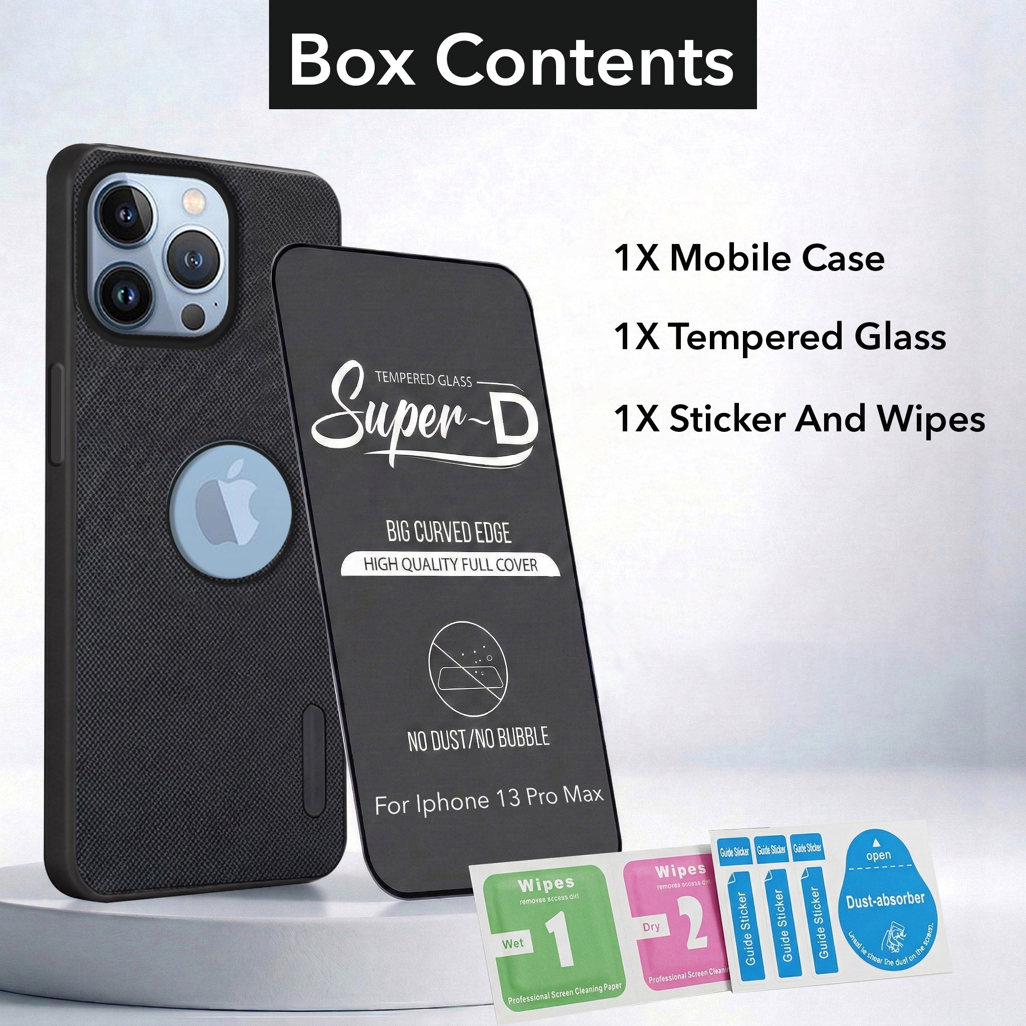 For Apple iPhone 13 Pro Max Combo with Back Cover and 9H Tempered Glass (Textured Grip Design | Micro-Fiber Cloth Inside | Oleophobic Coating Screen Glass)