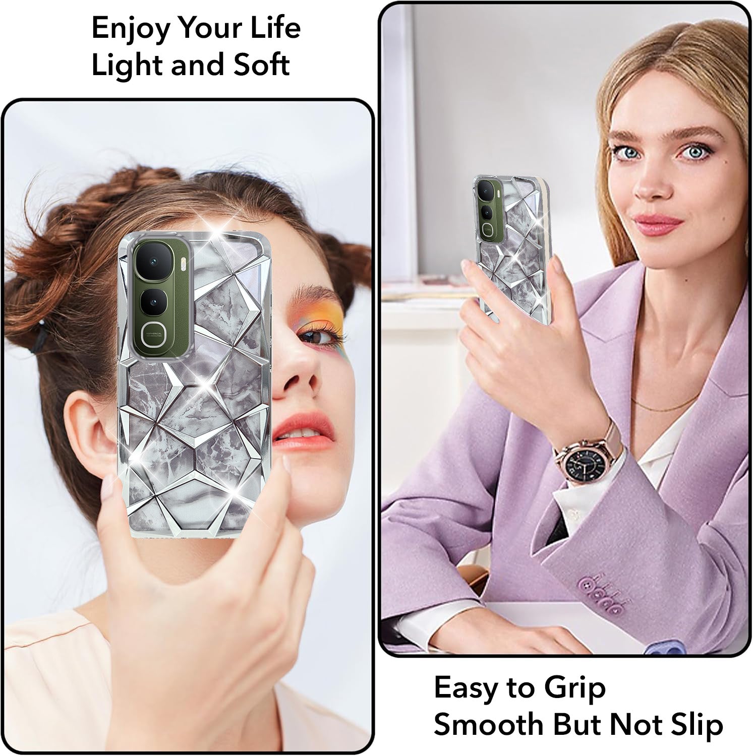 For Vivo Y400 Back Cover Case 3D Silicone Compatible (Dual Design Glitter Sparkle and Detachable Diamond Print Case | Soft and Flexible)