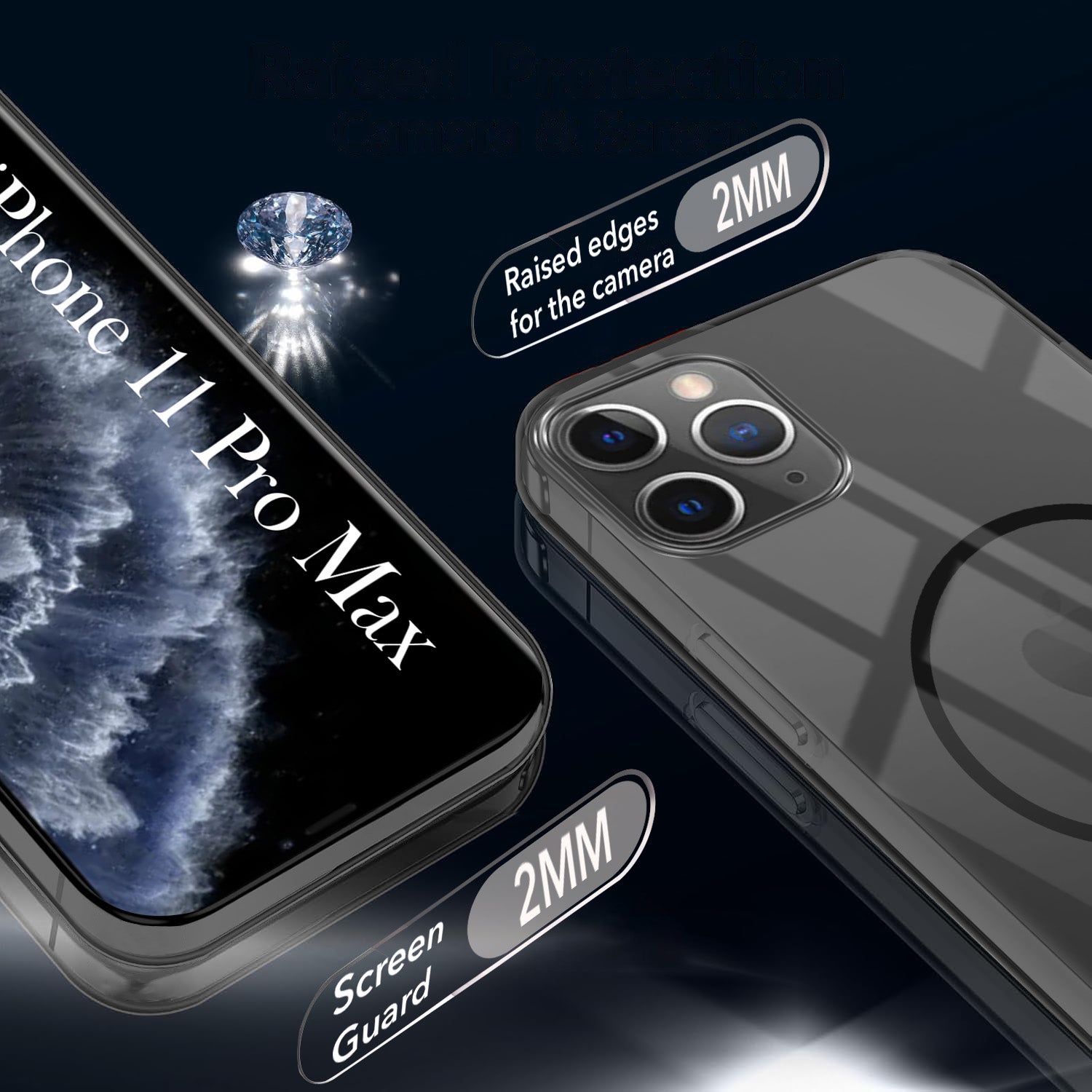 For Apple iPhone 11 Pro Max Back Cover Case Crystal Anti Yellow (MagSafe Wireless Charging Support |Camera Protection Bump)