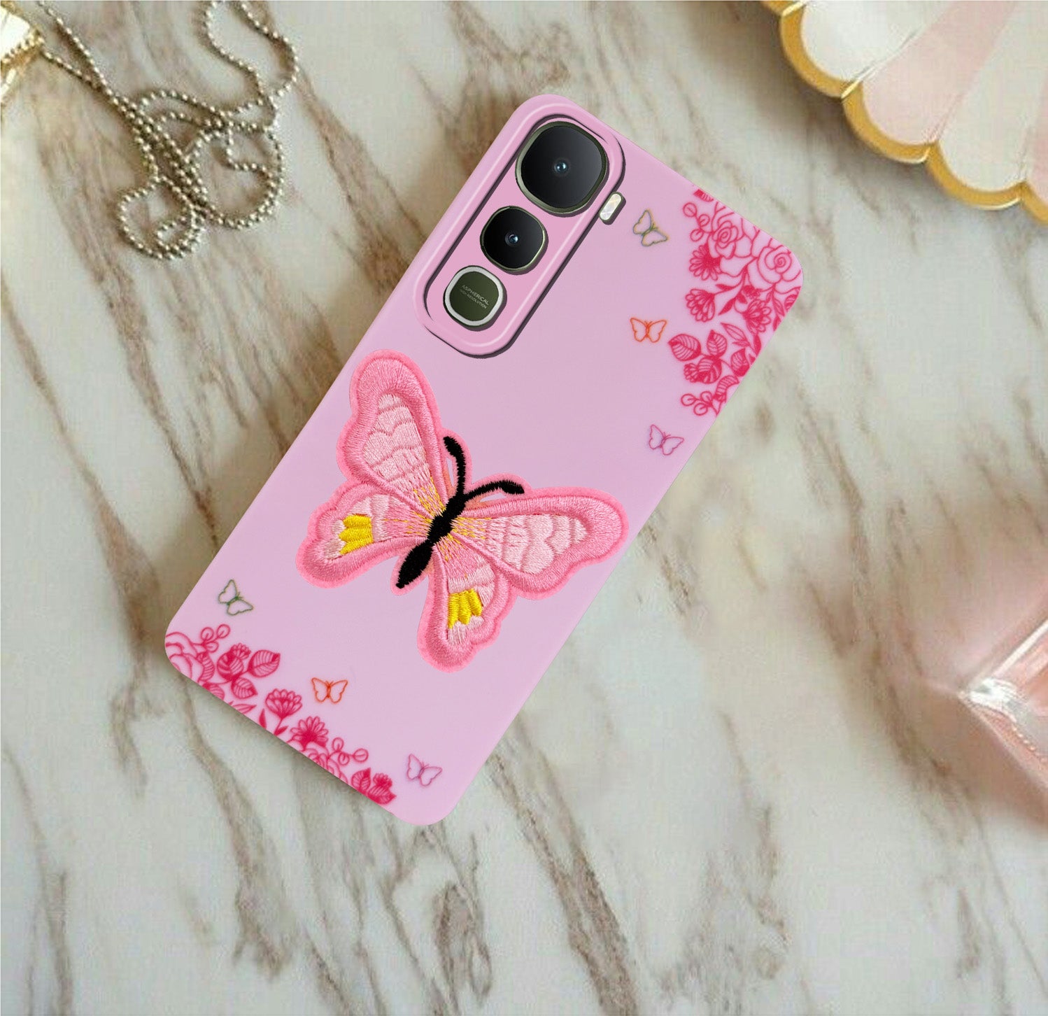 For Vivo Y400 Back Cover Case (Soft Butterfly Embroidery | Women Teen Girls | Camera Protection| Matte Silicone)