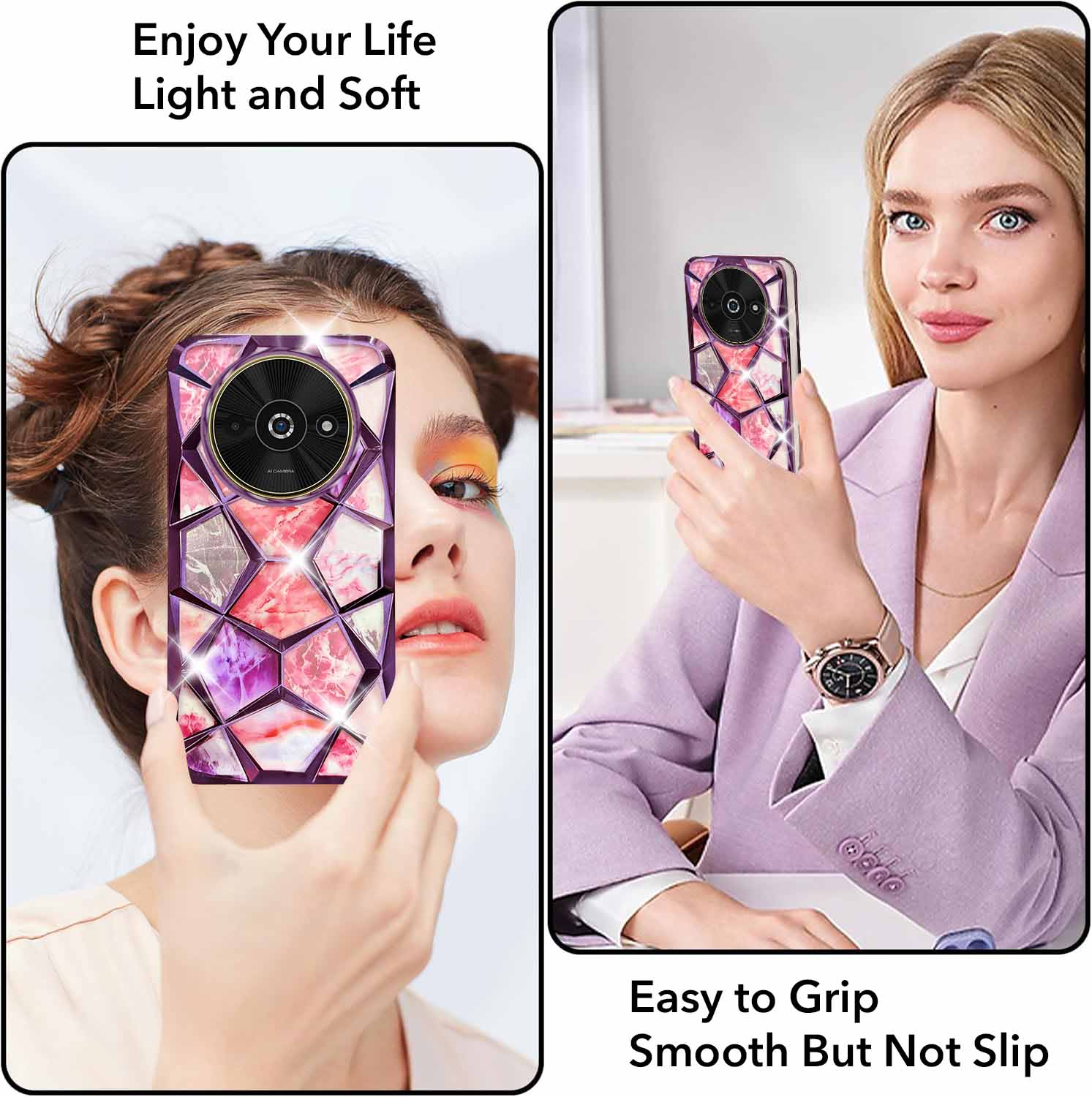 For Xiaomi Poco C61 Back Cover Case ( Dual Design Glitter Sparkle and Detachable Diamond Print Case | Soft and Flexible)