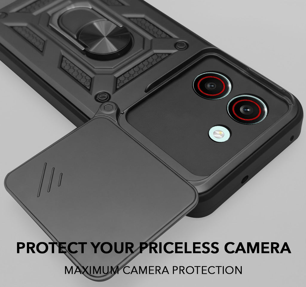 For Redmi Turbo 5 Back Cover Case Hybrid Armor (Sliding Shutter Camera Protection | Polycarbonate |Ring Holder Kickstand)