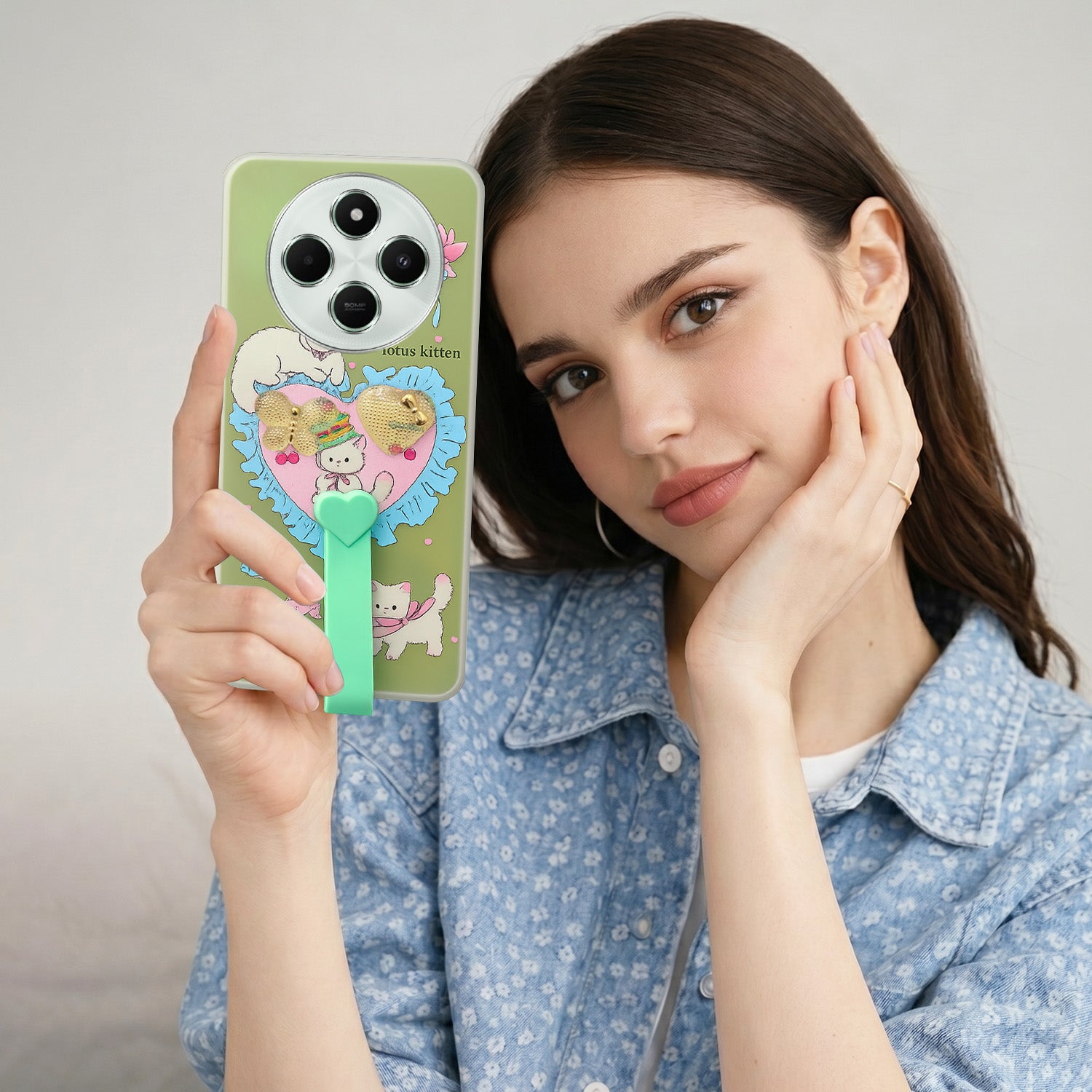For Poco C75 | Poco M7 Back Cover Case (3D Cute Heart Strap Holder | Camera Protection | Designer Girls Print)