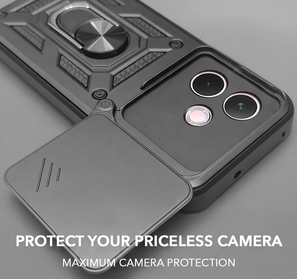 For Oppo A5 Pro Back Cover Case Hybrid Armor (Sliding Shutter Camera Protection | Polycarbonate |Ring Holder Kickstand)
