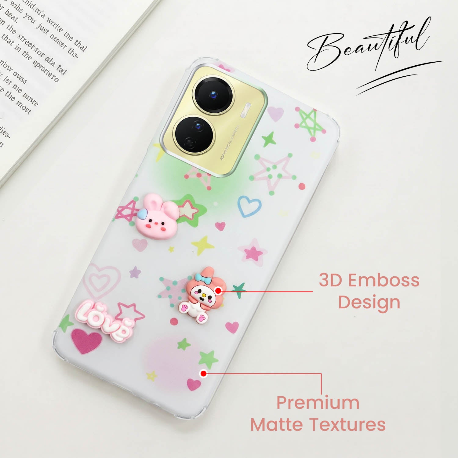 For Vivo Y16 Back Cover Case (3D Cute Cartoons | Hard Back Side Soft | Matte Premium Finish | HD Printing)