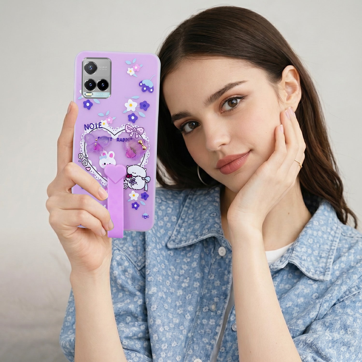 For Vivo Y33s Back Cover Case (3D Cute Heart Strap Holder | Camera Protection | Designer Girls Print)