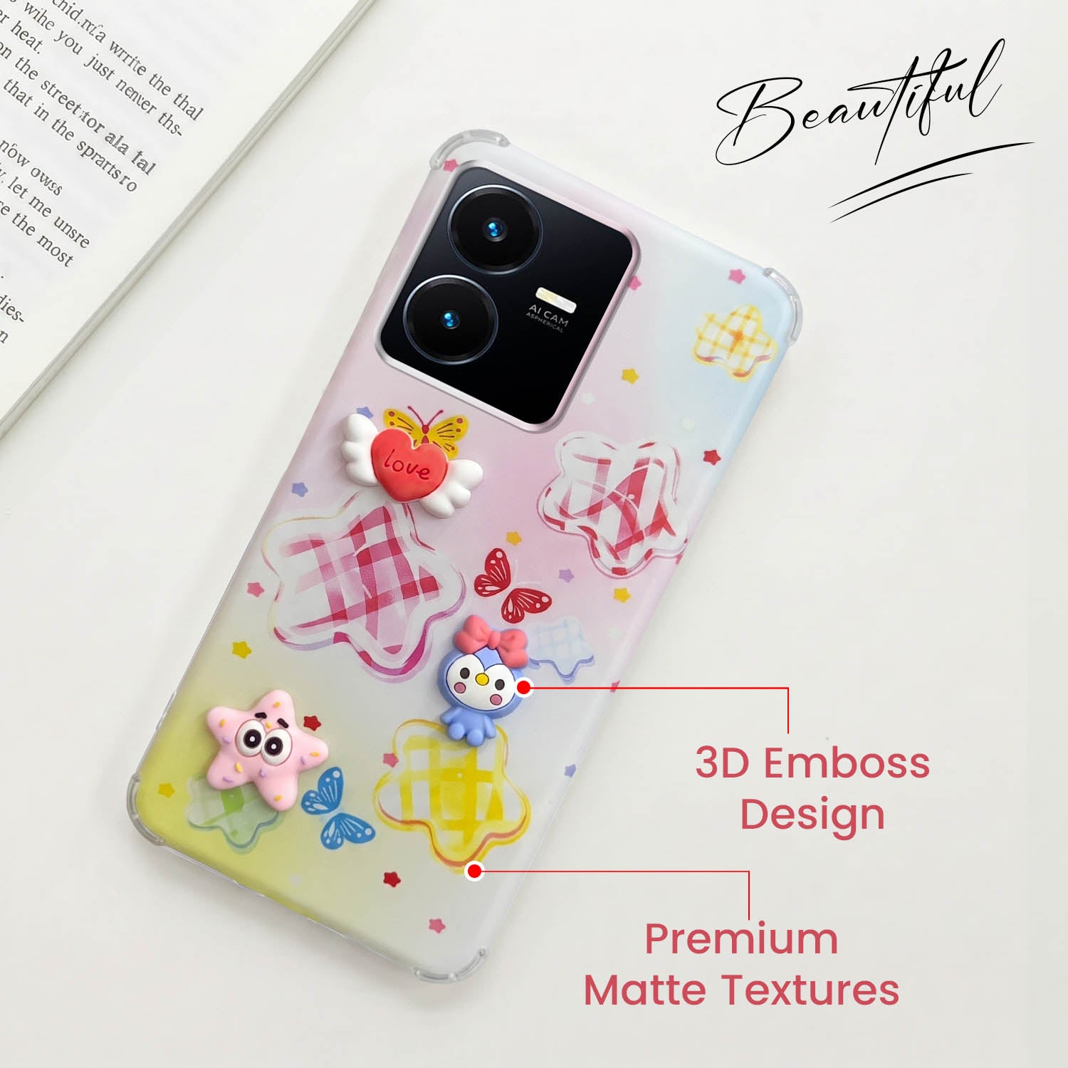 For Vivo Y22 | Vivo Y22s Back Cover Case (3D Cute Cartoons | Hard Back Side Soft | Matte Premium Finish | HD Printing)