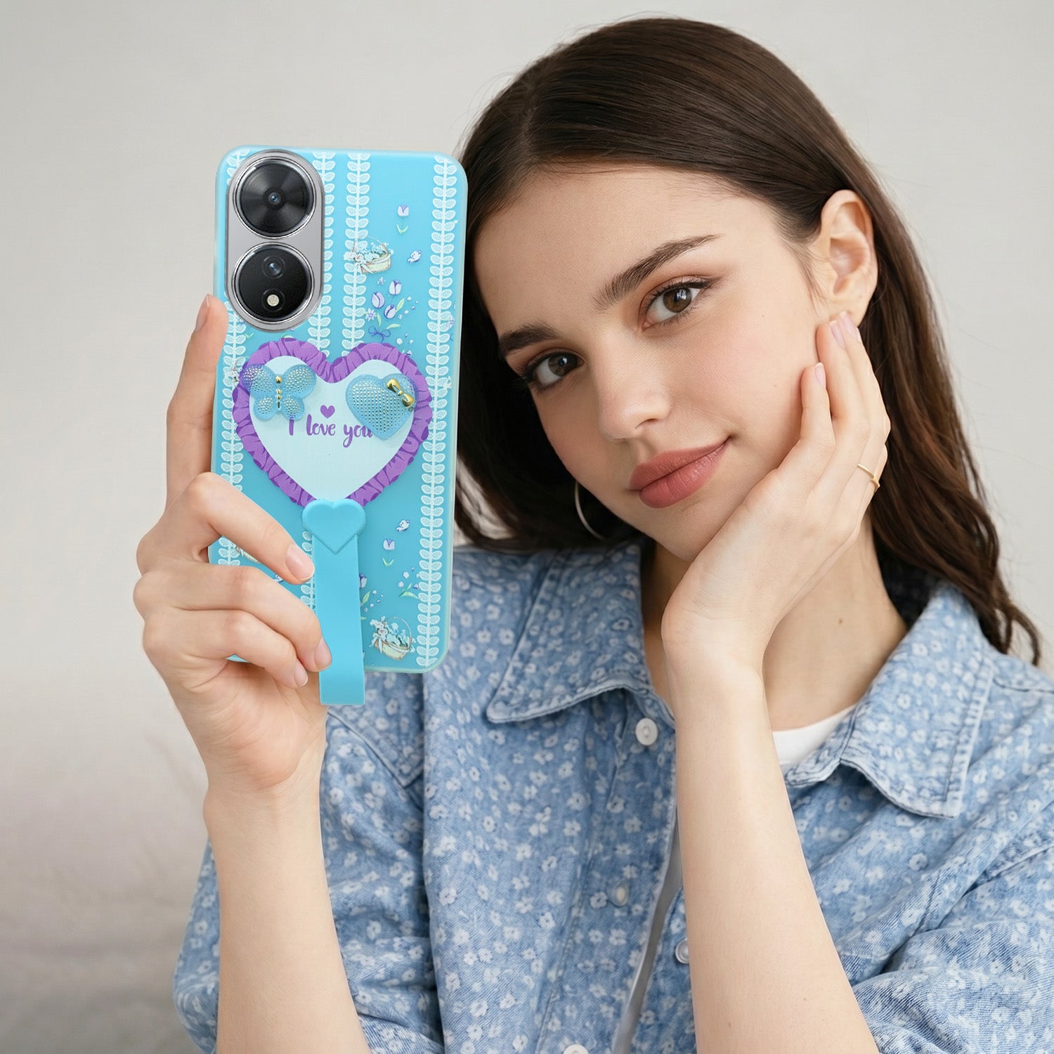 For Vivo T2 Back Cover Case (3D Cute Heart Strap Holder | Camera Protection | Designer Girls Print)
