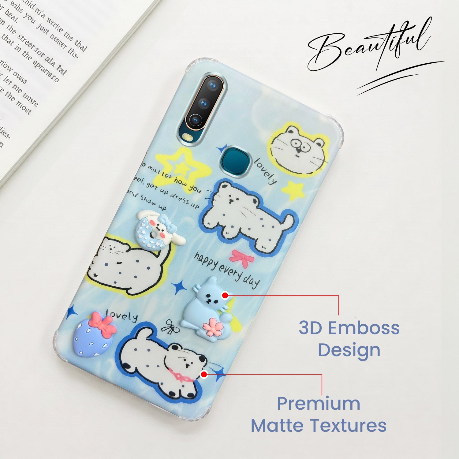 For Vivo U10 Back Cover Case (3D Cute Cartoons | Hard Back Side Soft | Matte Premium Finish | HD Printing)