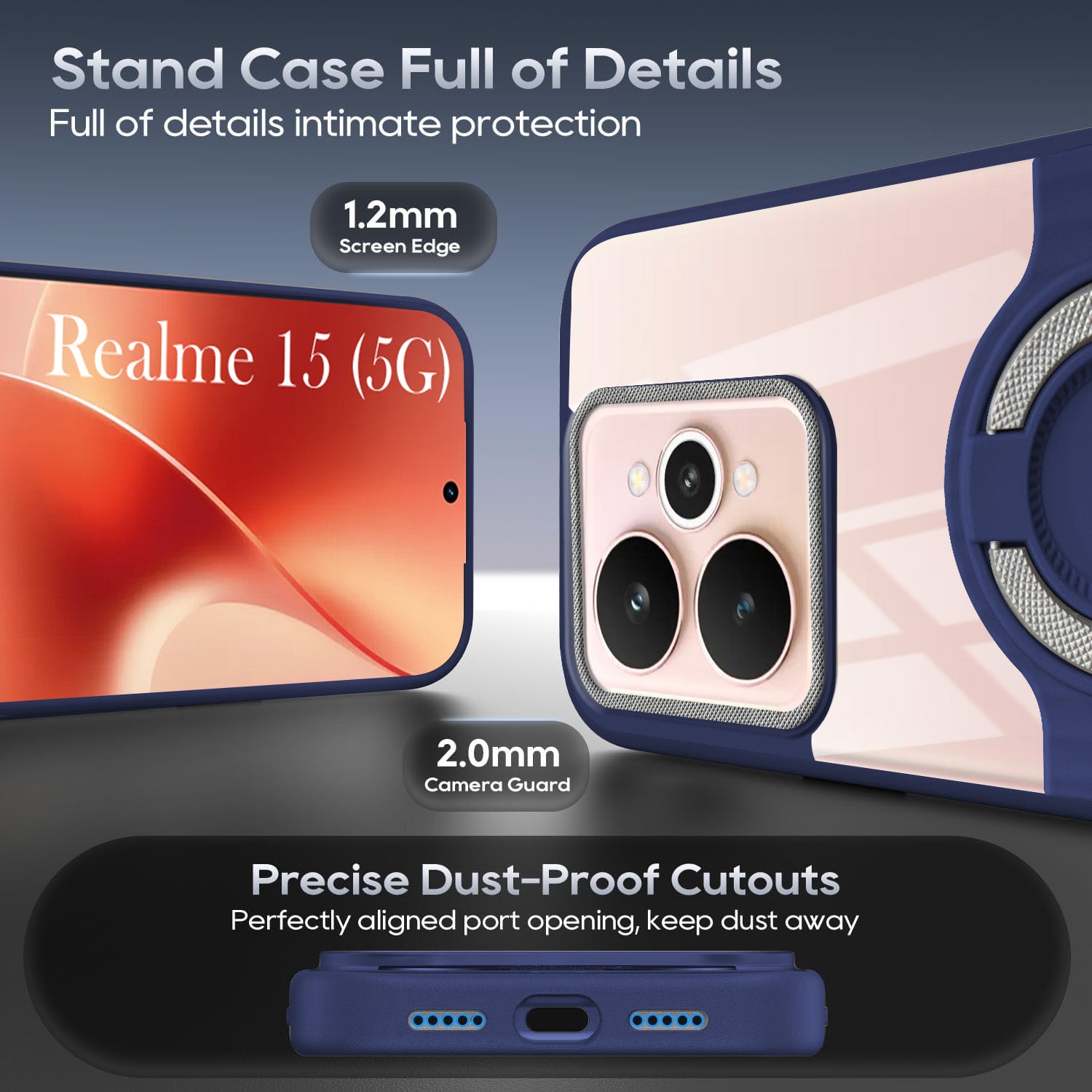 For Realme 15 Back Cover Case with stand (Built-in Ring Holder Kickstand | Lifetime Anti Yellow | Camera Protection)