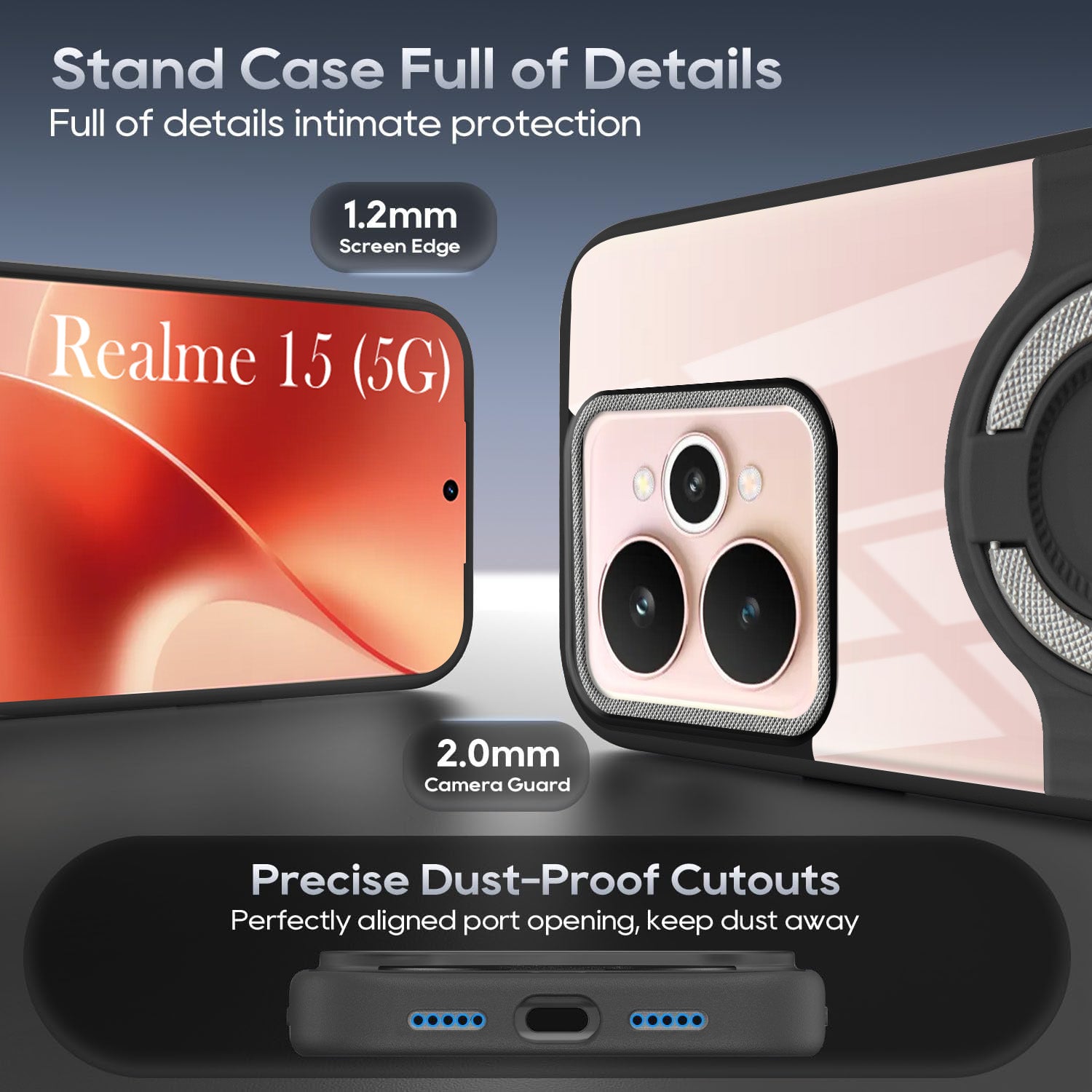 For Realme 15 Back Cover Case with stand (Built-in Ring Holder Kickstand | Lifetime Anti Yellow | Camera Protection)