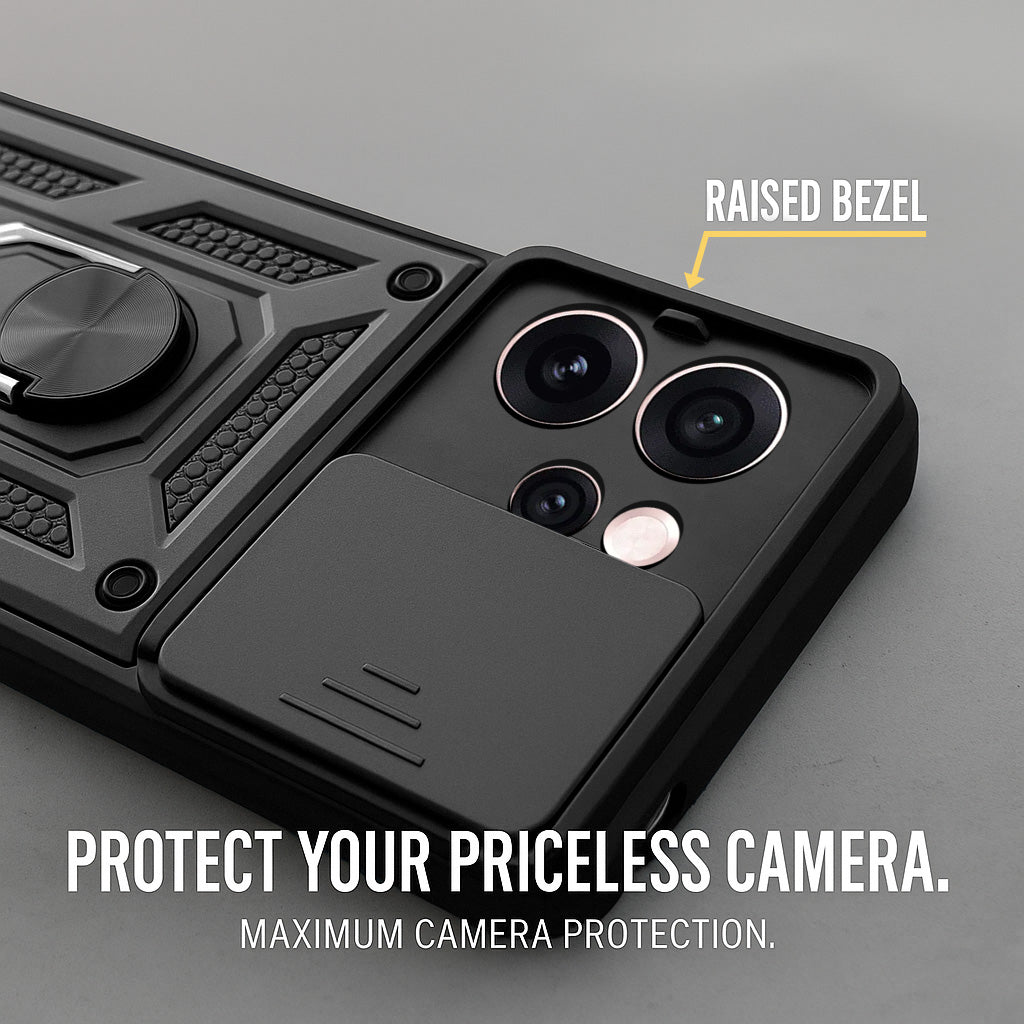 For Oppo Reno15 Pro Mini 5G | Oppo Reno 15 Pro Mini 5G Back Cover Case Hybrid Armor (Sliding Shutter Camera Protection | Polycarbonate |Ring Holder Kickstand)