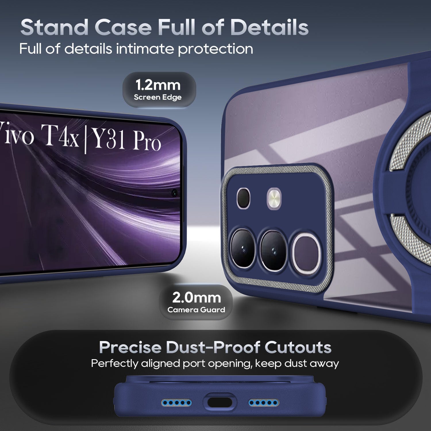 For Vivo T4x | Vivo Y31 Pro Back Cover Case with stand (Built-in Ring Holder Kickstand | Lifetime Anti Yellow | Camera Protection)