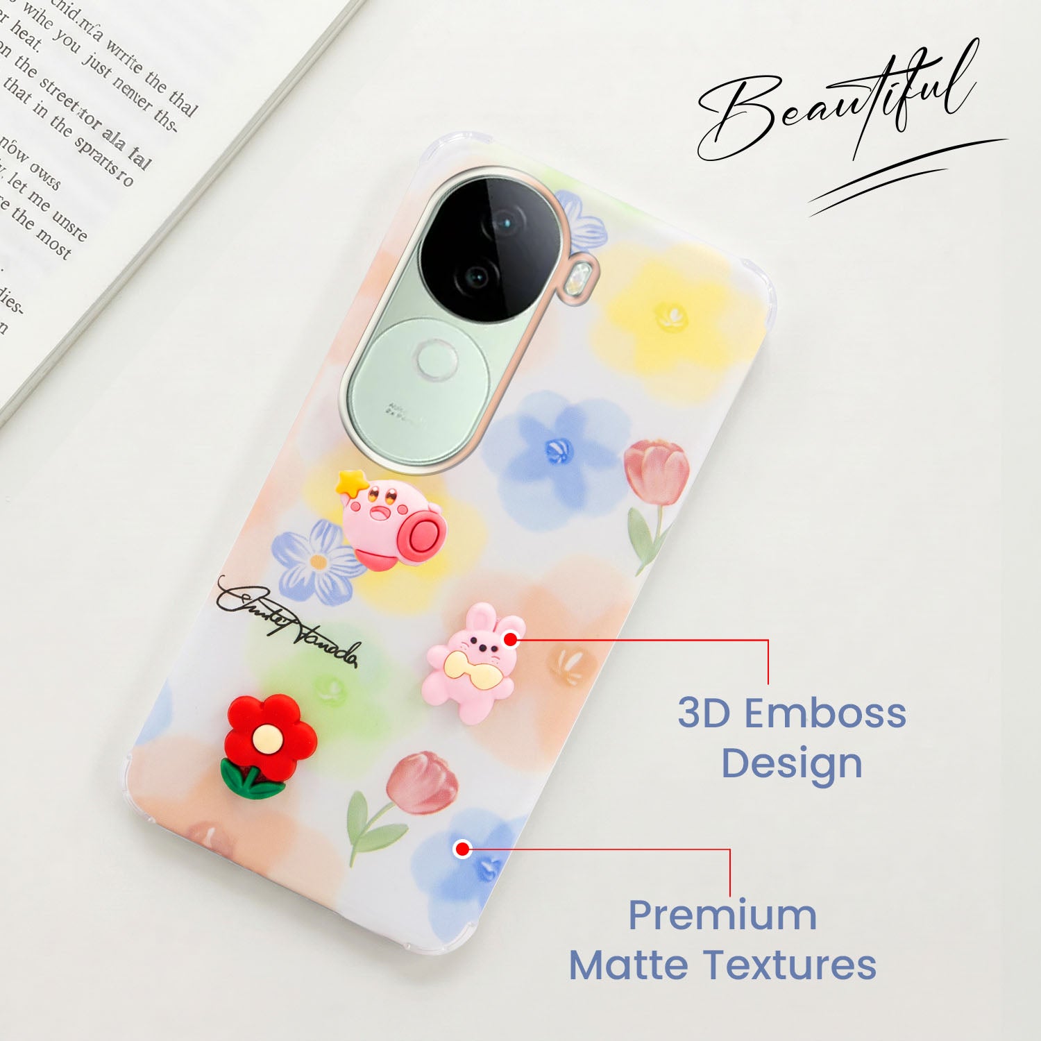 For Vivo V40e Back Cover Case (3D Cute Cartoons | Hard Back Side Soft | Matte Premium Finish | HD Printing)