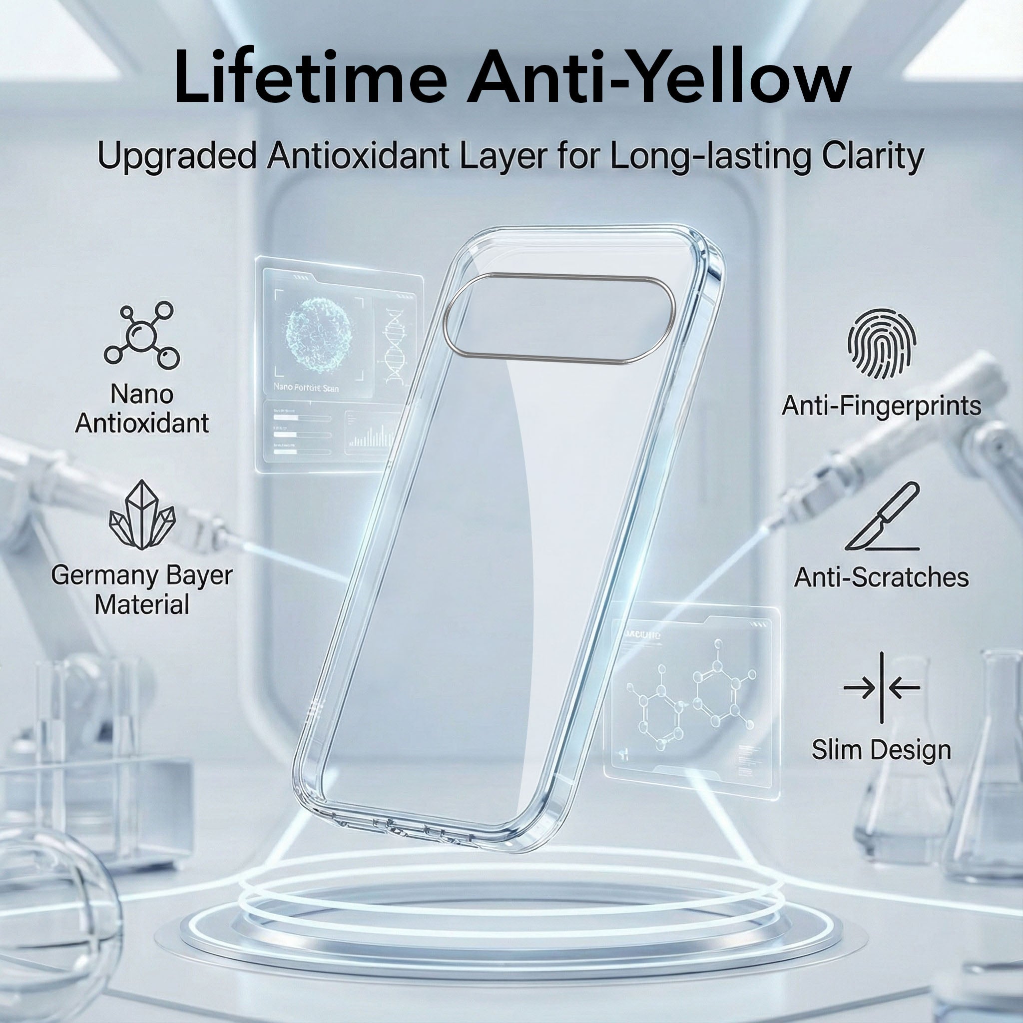For Google Pixel 9 Combo with Back Cover and 9H Tempered Glass (Lifetime Anti-Yellow | Sleek Hard Crystal | Oleophobic Coating Screen Glass)