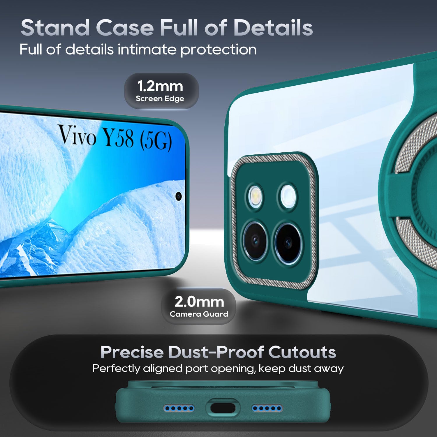 For Vivo Y58 5G Back Cover Case with stand (Built-in Ring Holder Kickstand | Lifetime Anti Yellow | Camera Protection)