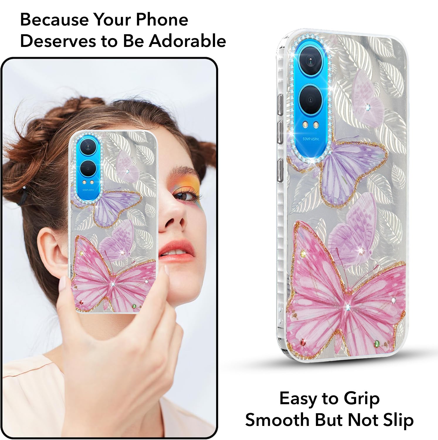 For OnePlus Nord CE 4 Lite Back Cover Case (Luxury Floral Glitter Cute Butterfly | Diamond Studded Camera Bump | Girls & Women Design)