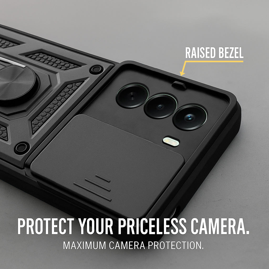 For OnePlus Nord CE 6 Lite Back Cover Case Hybrid Armor (Sliding Shutter Camera Protection | Polycarbonate |Ring Holder Kickstand)
