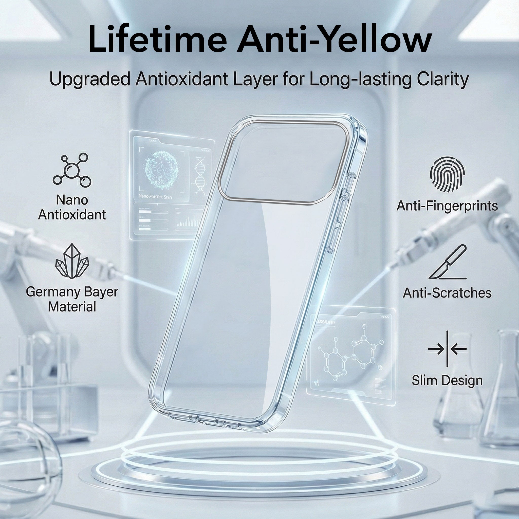 For Apple iPhone 17 Pro Combo with Back Cover and 9H Tempered Glass (Lifetime Anti-Yellow | Sleek Hard Crystal | Oleophobic Coating Screen Glass)