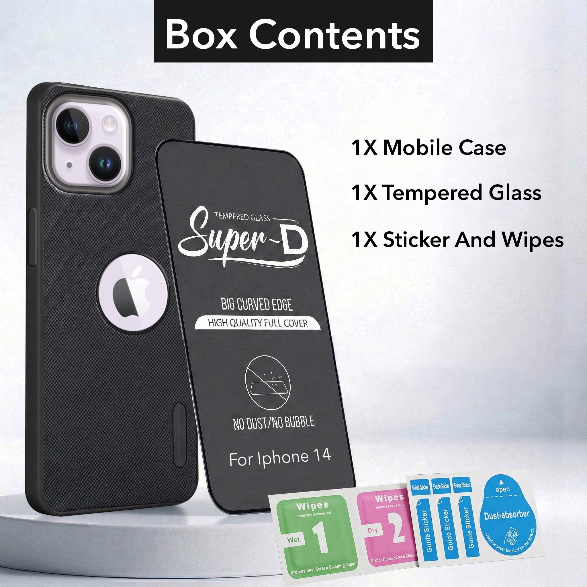 For Apple iPhone 14 Combo with Back Cover and 9H Tempered Glass (Textured Grip Design | Micro-Fiber Cloth Inside | Oleophobic Coating Screen Glass)