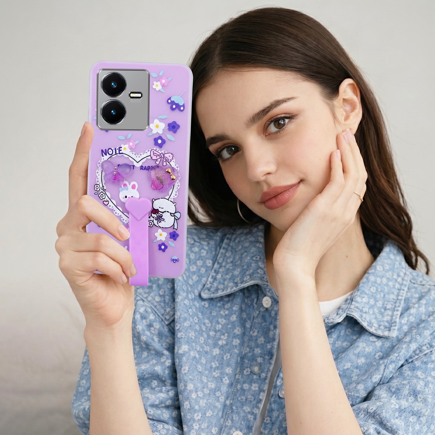 For Vivo Y22 | Vivo Y22s Back Cover Case (3D Cute Heart Strap Holder | Camera Protection | Designer Girls Print)