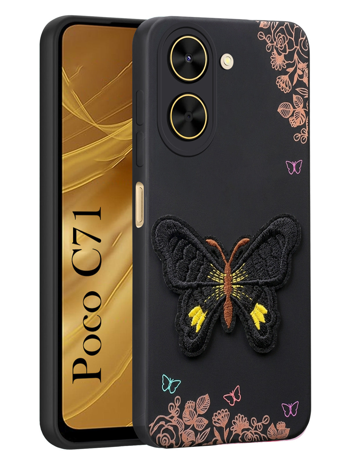 For Poco C71 Back Cover (Soft Butterfly Embroidery | Women Teen Girls | Camera Protection| Matte Silicone)