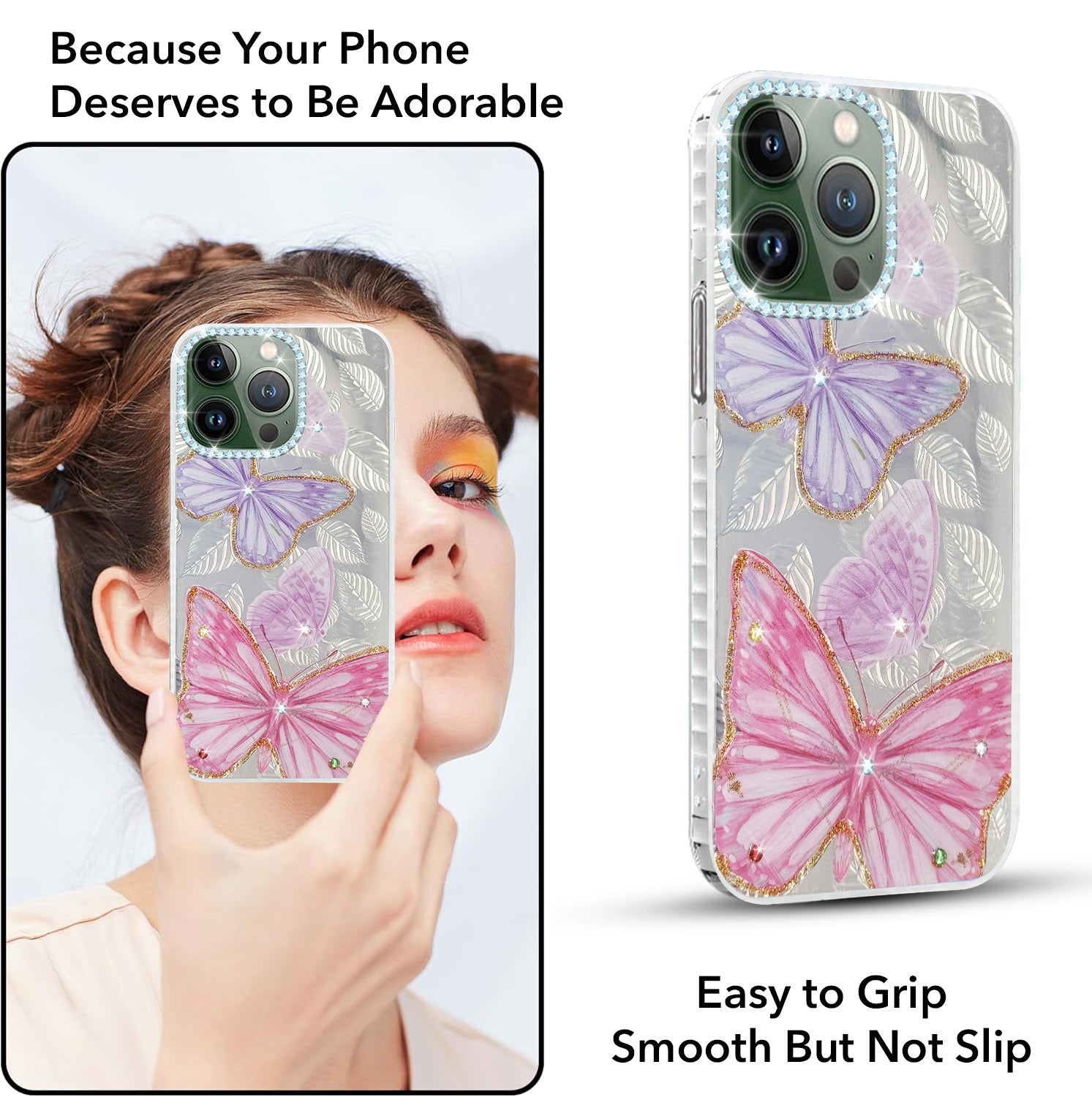 For Apple iPhone 13 Pro Back Cover Case (Luxury Floral Glitter Cute Butterfly | Diamond Studded Camera Bump | Girls & Women Design)