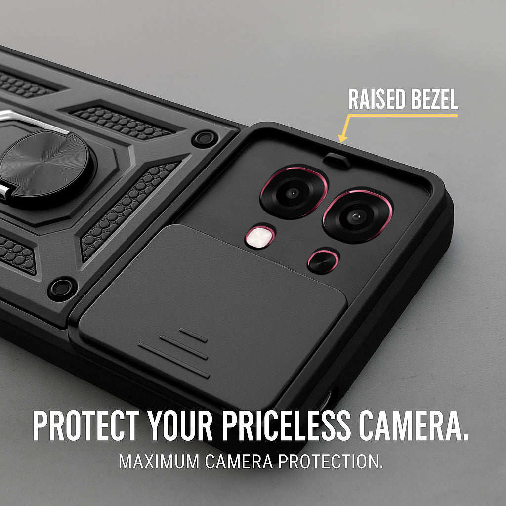 For Oppo F31 5G | Oppo F33 5G Back Cover Case Hybrid Armor (Sliding Shutter Camera Protection | Polycarbonate |Ring Holder Kickstand)