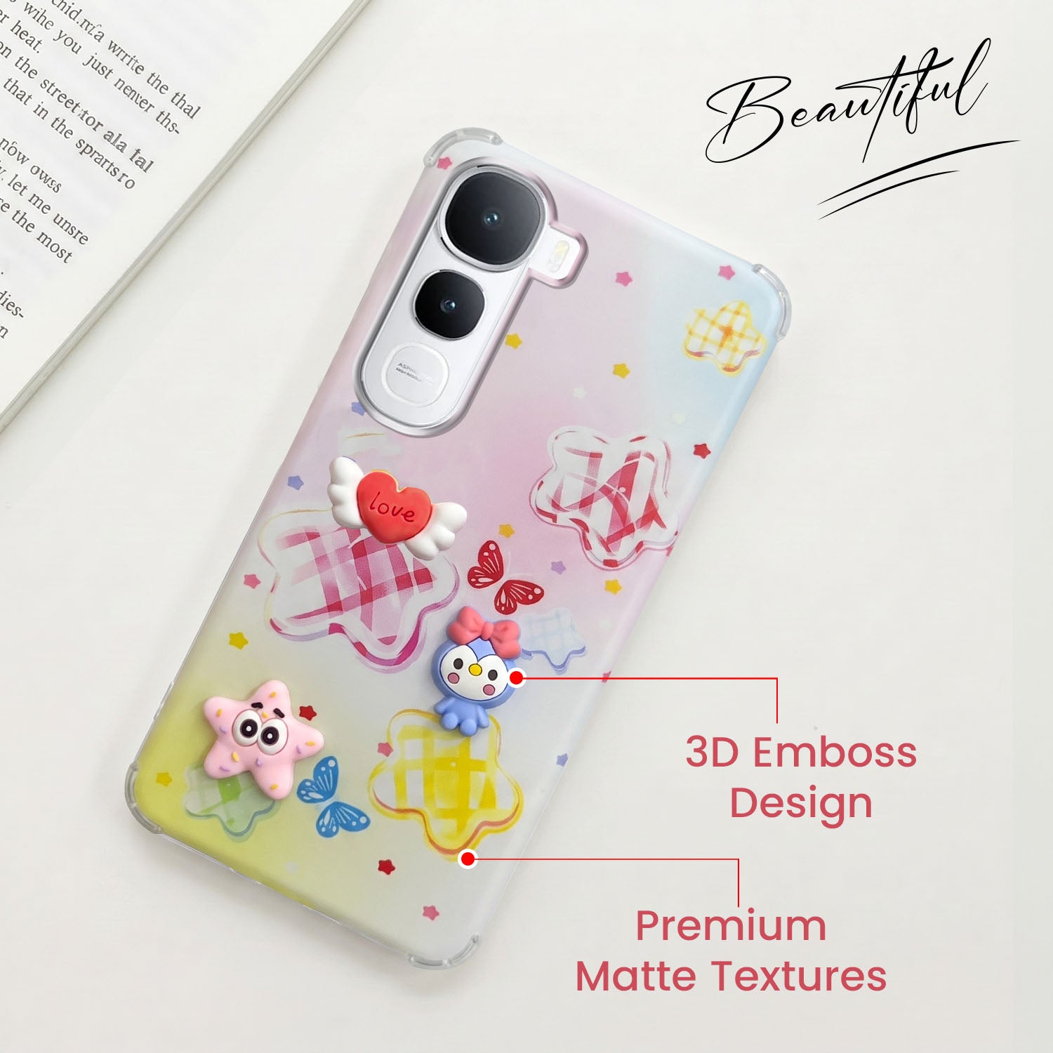 For Vivo Y400 Back Cover Case (3D Cute Cartoons | Hard Back Side Soft | Matte Premium Finish | HD Printing)