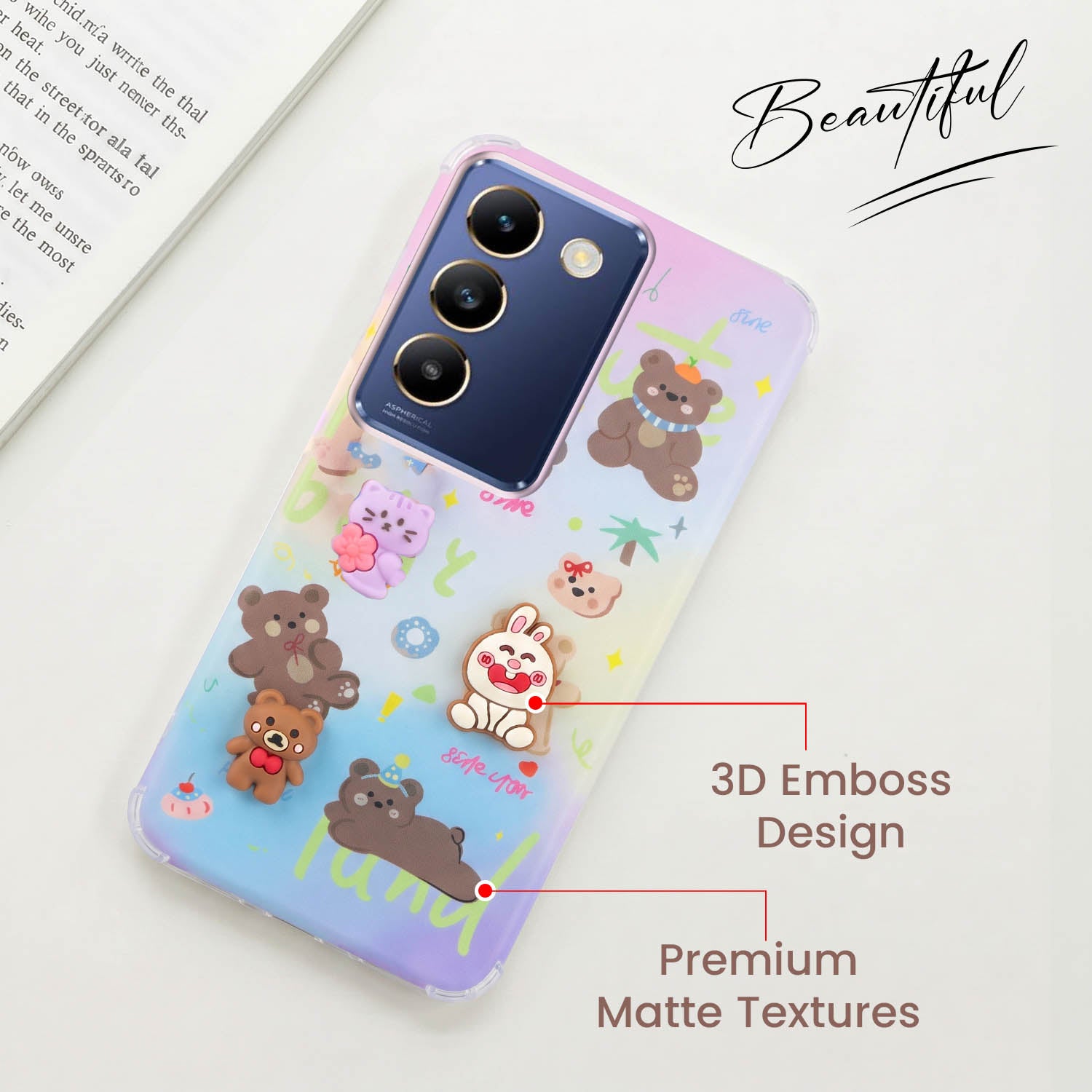 For Vivo T3 5G Back Cover Case (3D Cute Cartoons | Hard Back Side Soft | Matte Premium Finish | HD Printing)