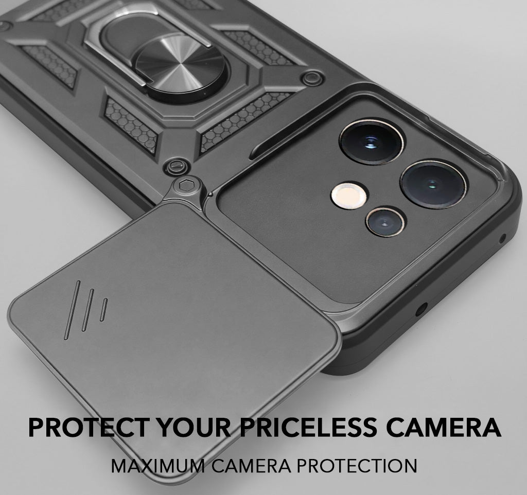 For Vivo V60 | Vivo T4 Pro Back Cover Case (Sliding Shutter Camera Protection | Polycarbonate |Ring Holder Kickstand)