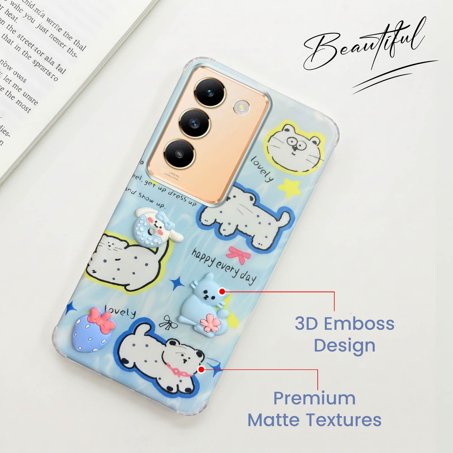 For Vivo Y200e Back Cover Case (3D Cute Cartoons | Hard Back Side Soft | Matte Premium Finish | HD Printing)