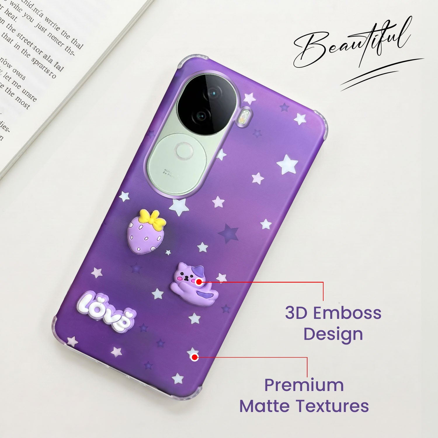 For Vivo V40e Back Cover Case (3D Cute Cartoons | Hard Back Side Soft | Matte Premium Finish | HD Printing)