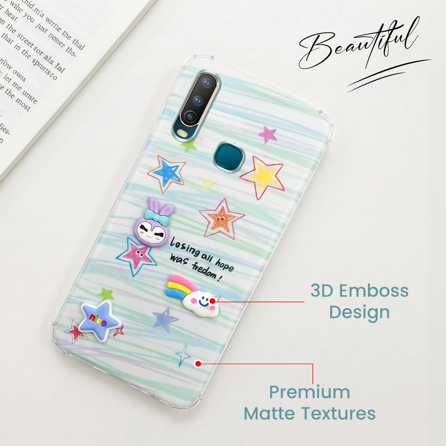 For Vivo U10 Back Cover Case (3D Cute Cartoons | Hard Back Side Soft | Matte Premium Finish | HD Printing)