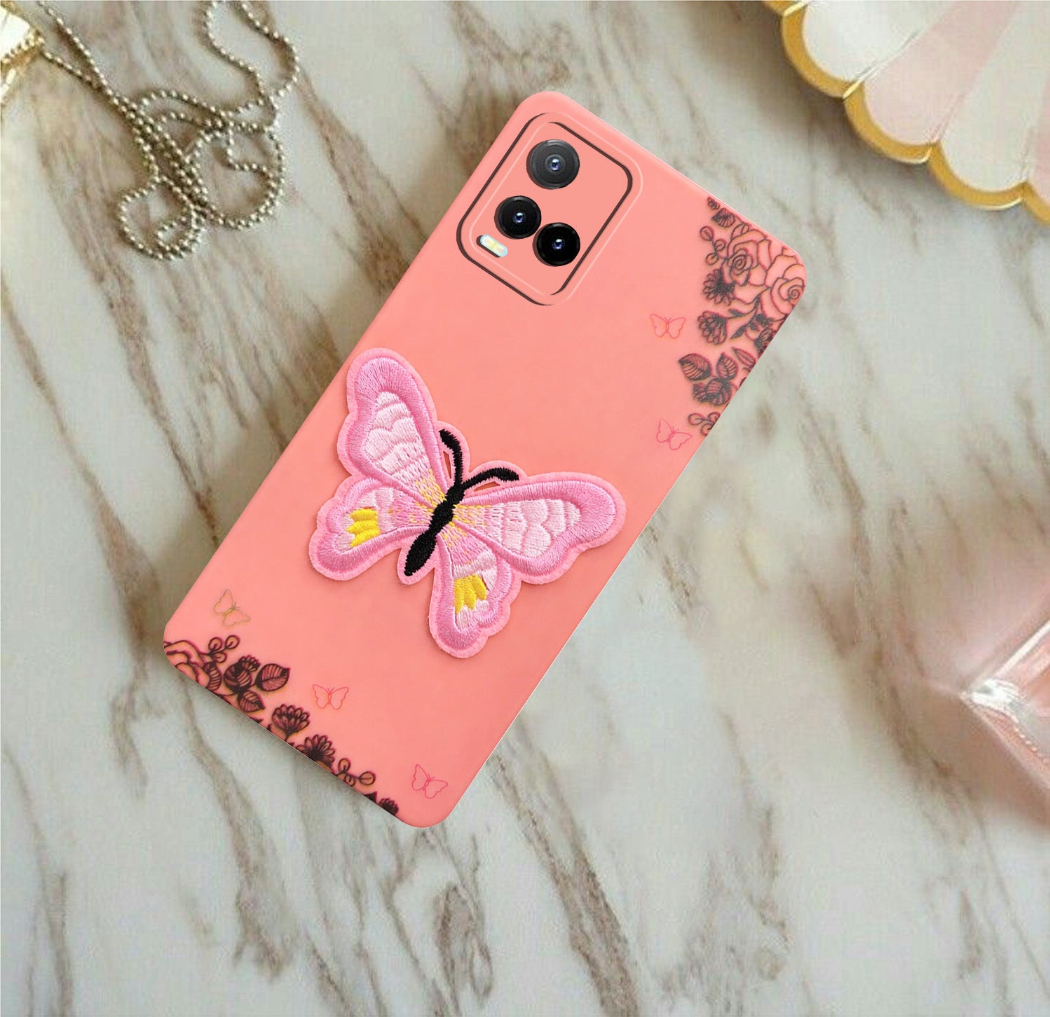 For Vivo Y33s Back Cover Case (Soft Butterfly Embroidery | Women Teen Girls | Camera Protection| Matte Silicone)
