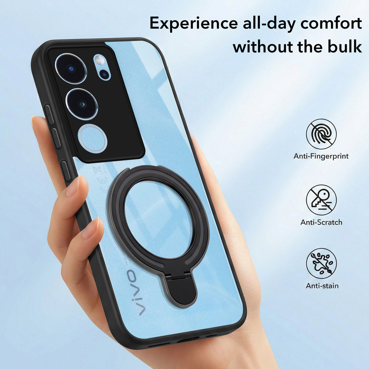 For Vivo V29 | Vivo V29 Pro 5G Back Cover Case (Kick Stand Ring Holder | Life time Anti Yellow | Camera Protection)