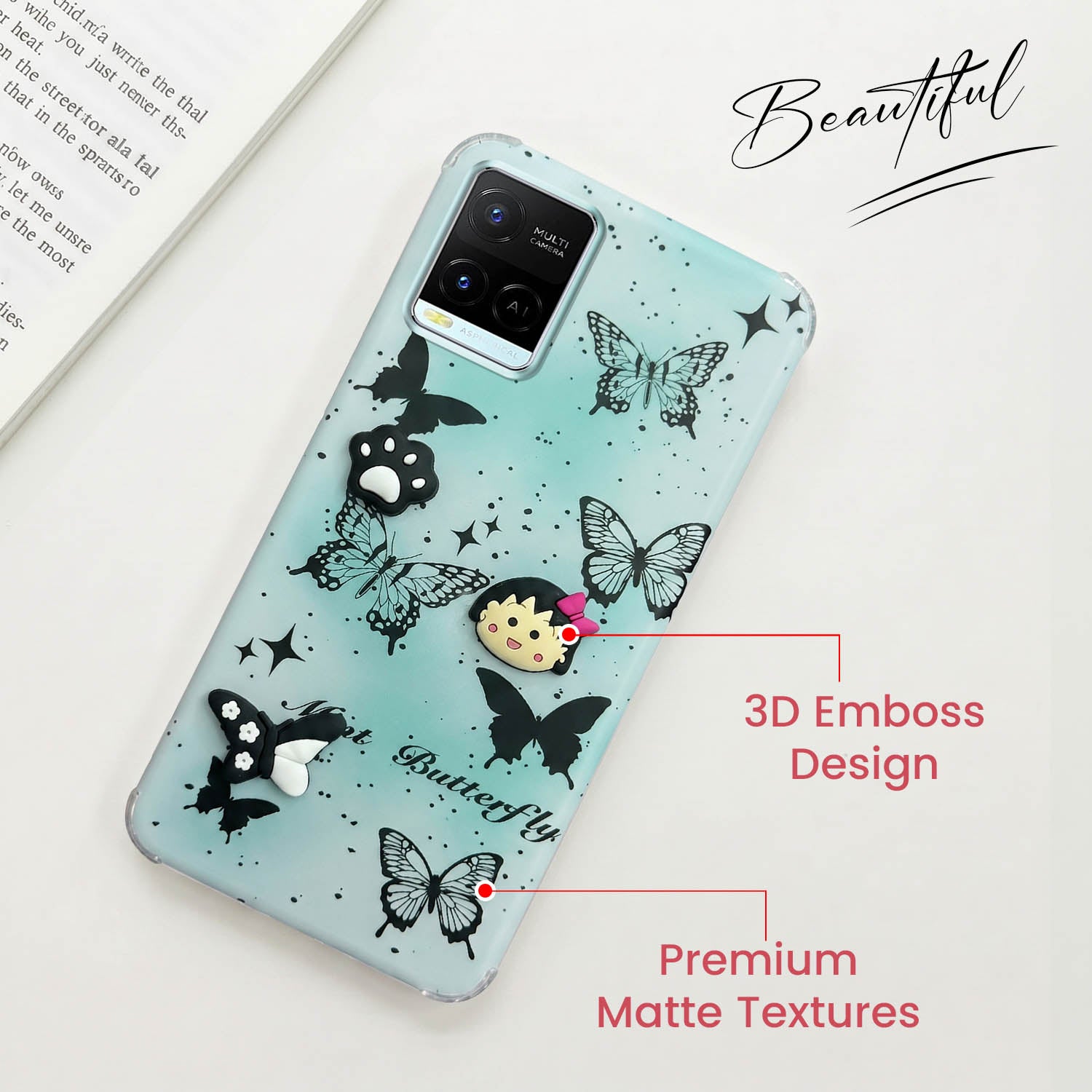 For Vivo Y21 2021 Back Cover Case (3D Cute Cartoons | Hard Back Side Soft | Matte Premium Finish | HD Printing)